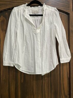 LOFT White Textured V-Neck Peasant Blouse with Tie